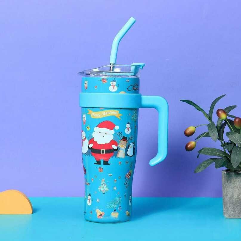 Christmas Theme Insulated Sipper Mug with Handle & Straw