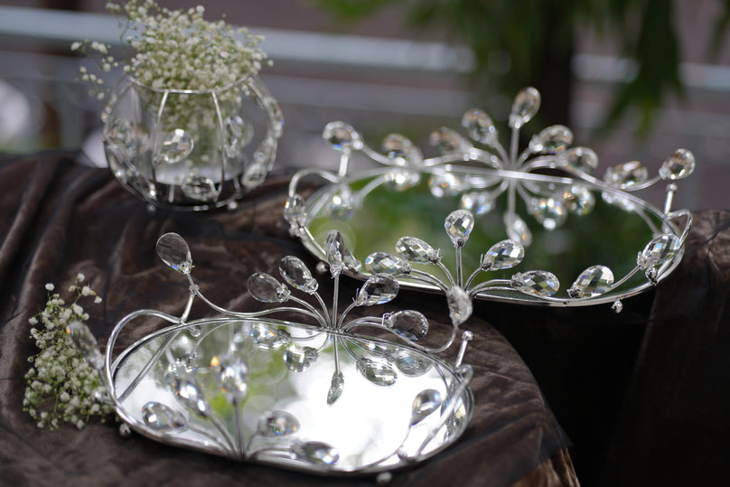 Crystal Oval Mirrored Tray with Handled