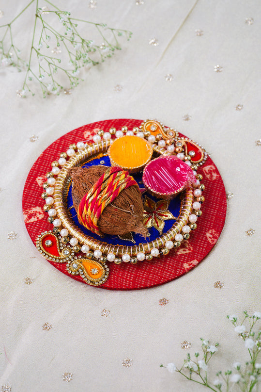 Designer Bandhani pooja thali for gifting