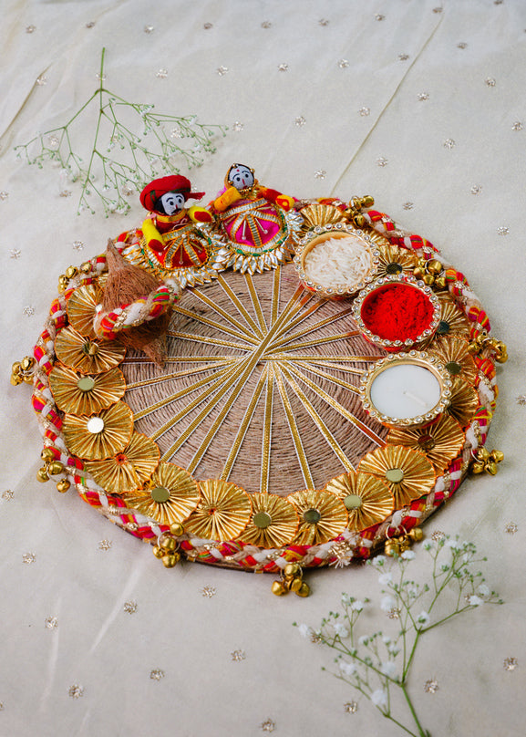 Rajasthani puppet theme pooja thali with mirror work