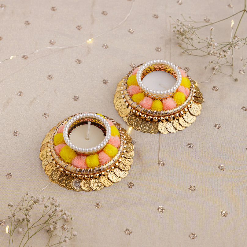 Festive Coin & Pom-Pom Decorative Tealight Holders