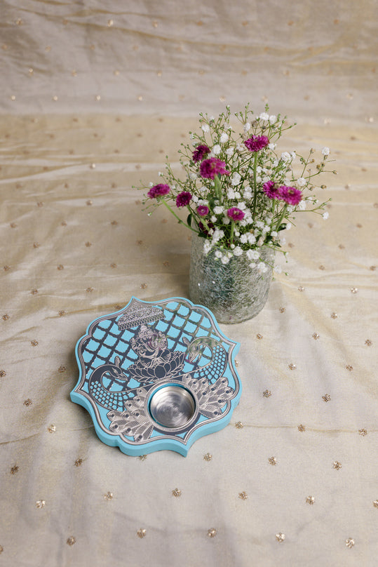 Decorative silver diya for temple use