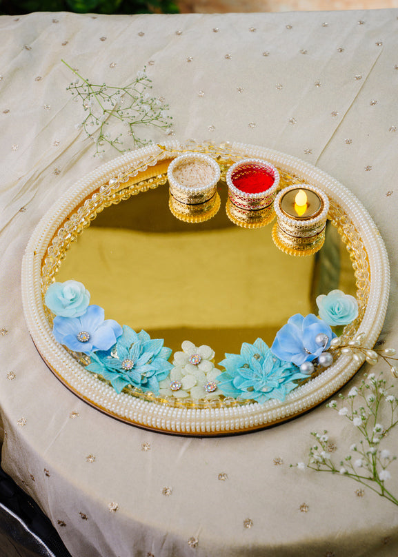 Floral pooja thali in golden finish