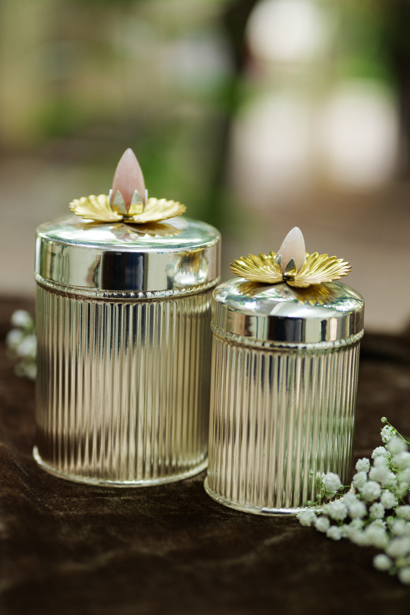 Silver jar with pink stone flower lid
