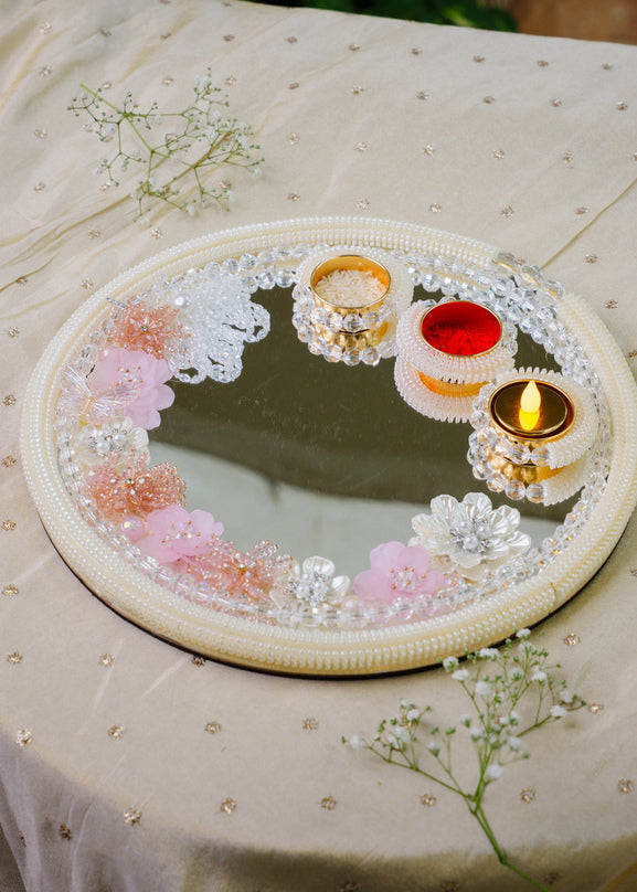 Floral pooja thali with pearl and crystal border