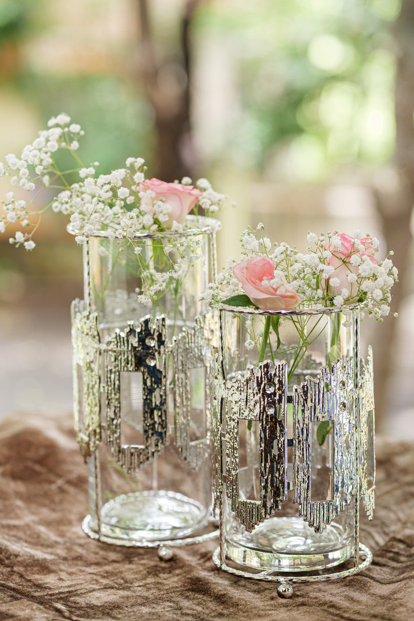 Geometric Silver Glass Vase Candle Holders
