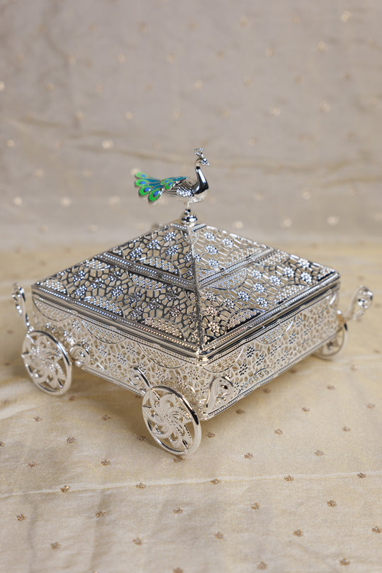 German silver peacock chariot box for gifting