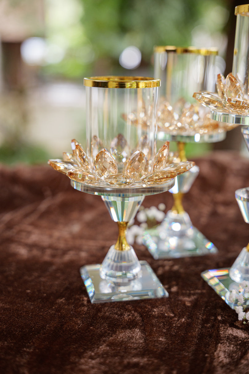 Golden Candle Holders with Glass Cylinders (Set)