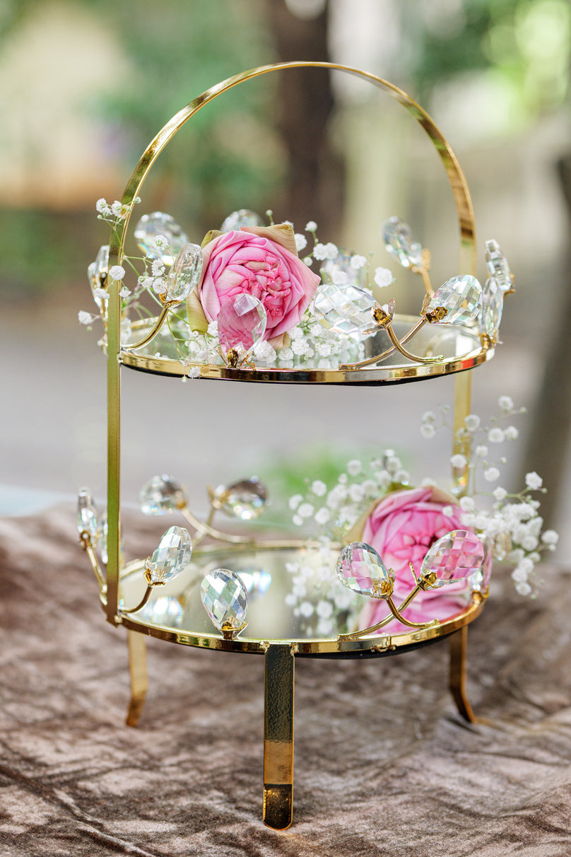 Golden Crystal Floral Two-Tiered Display Stand