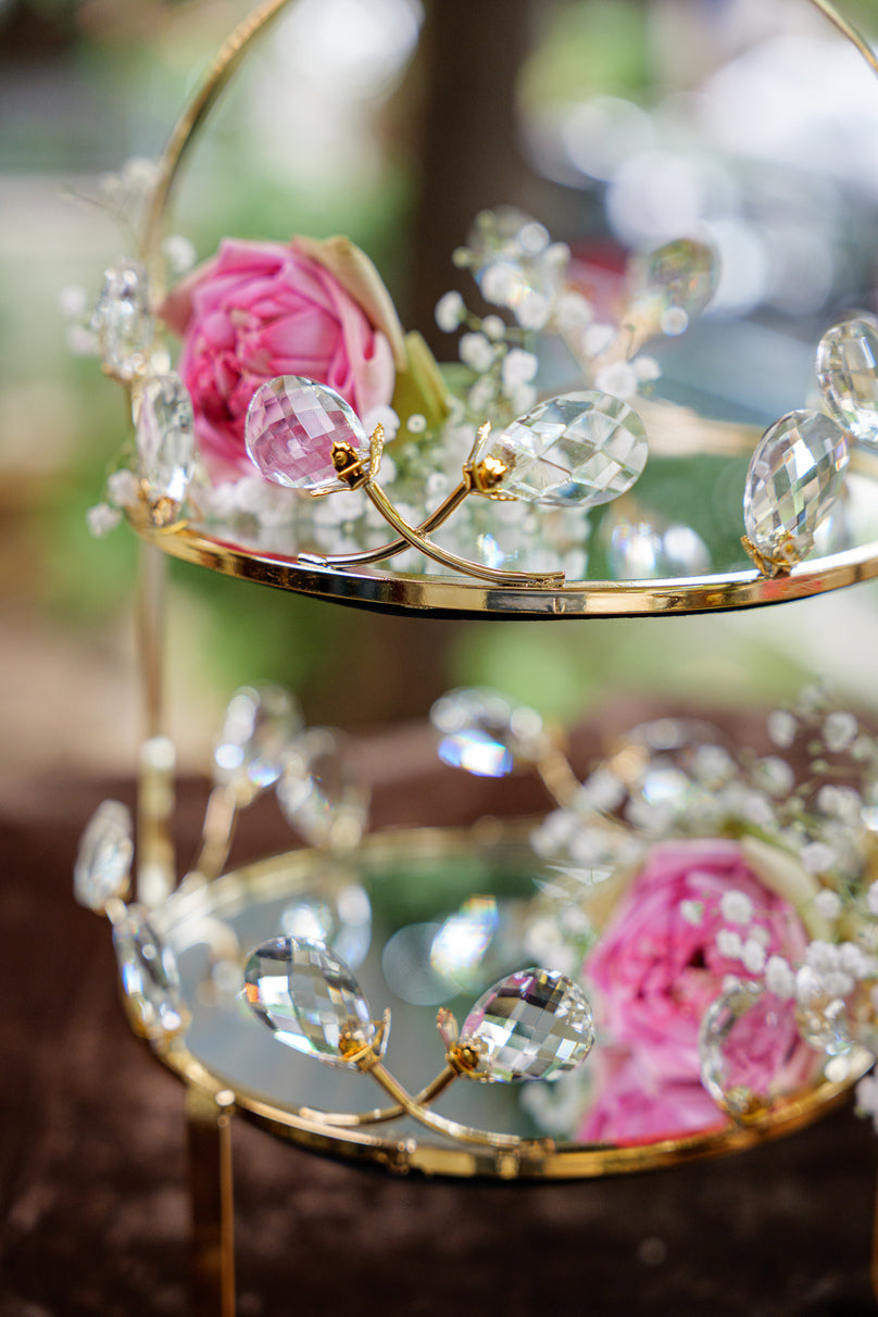 Golden Crystal Floral Two-Tiered Display Stand