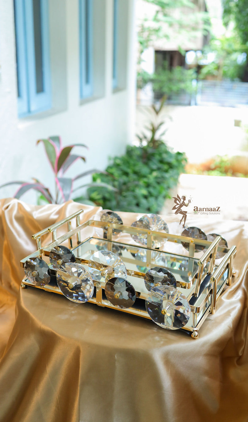 Golden crystal mirror tray for serving and decor
