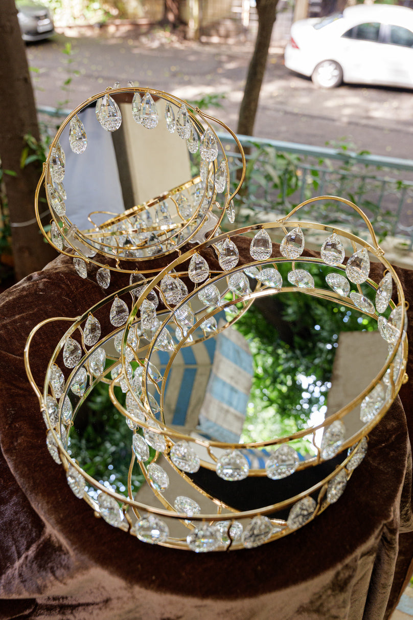 Golden Crystal Round Mirror Serving Tray