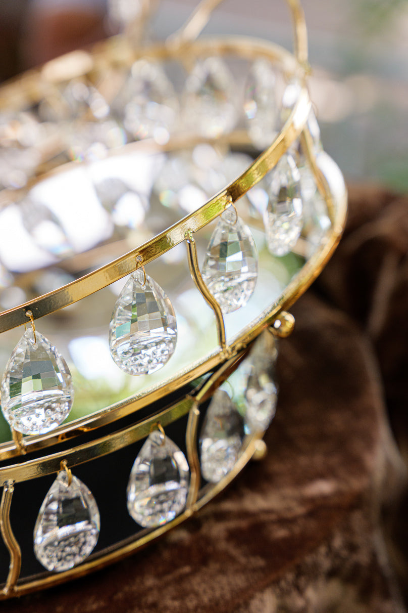 Golden Crystal Round Mirror Serving Tray