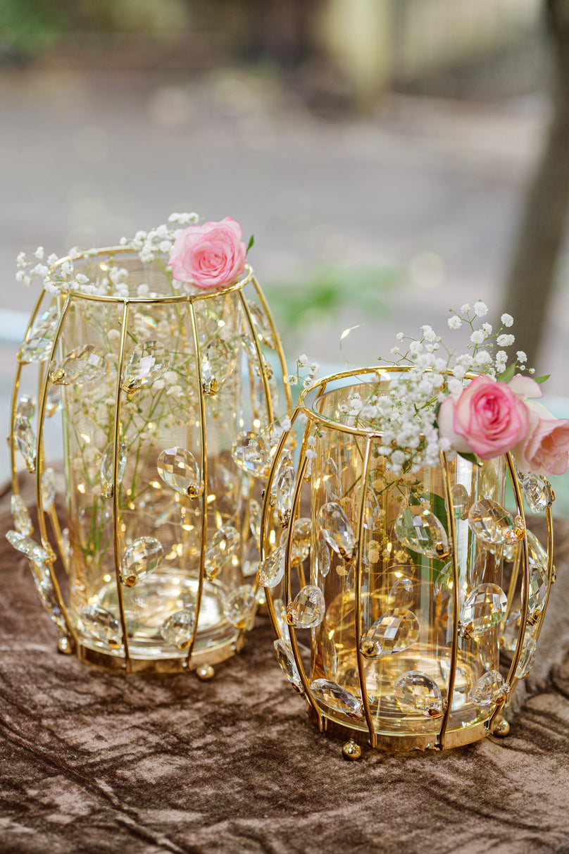 Golden crystal vase candle holder with glass design