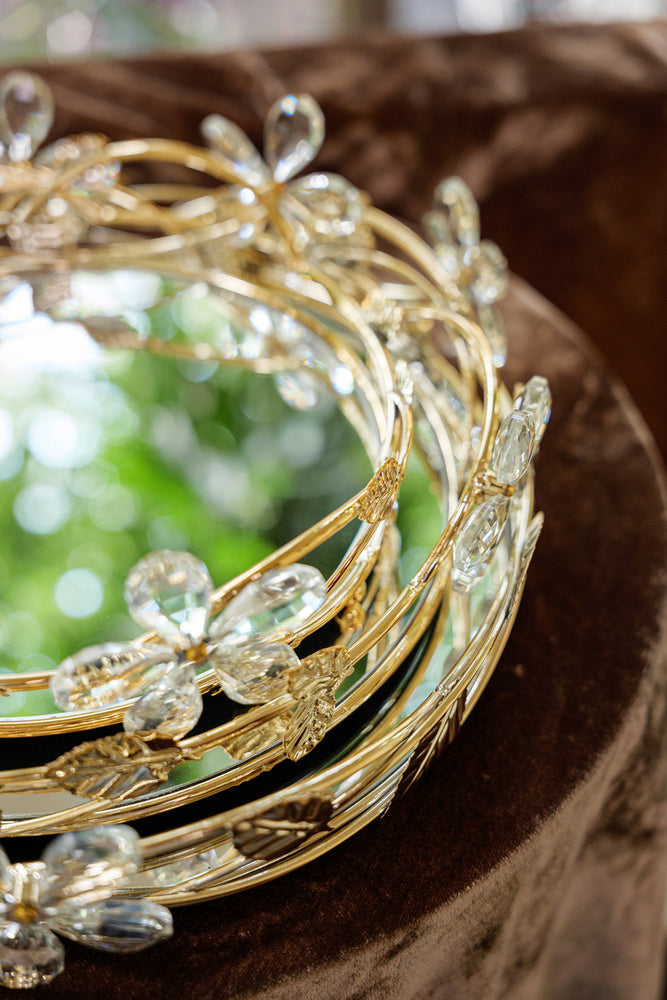 Golden Floral Crystal Round Mirror Serving Tray