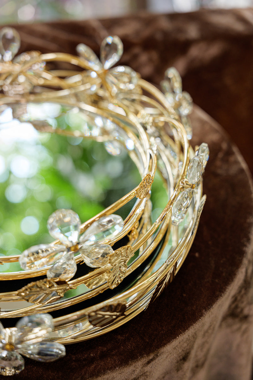 Golden Floral Crystal Round Mirror Serving Tray