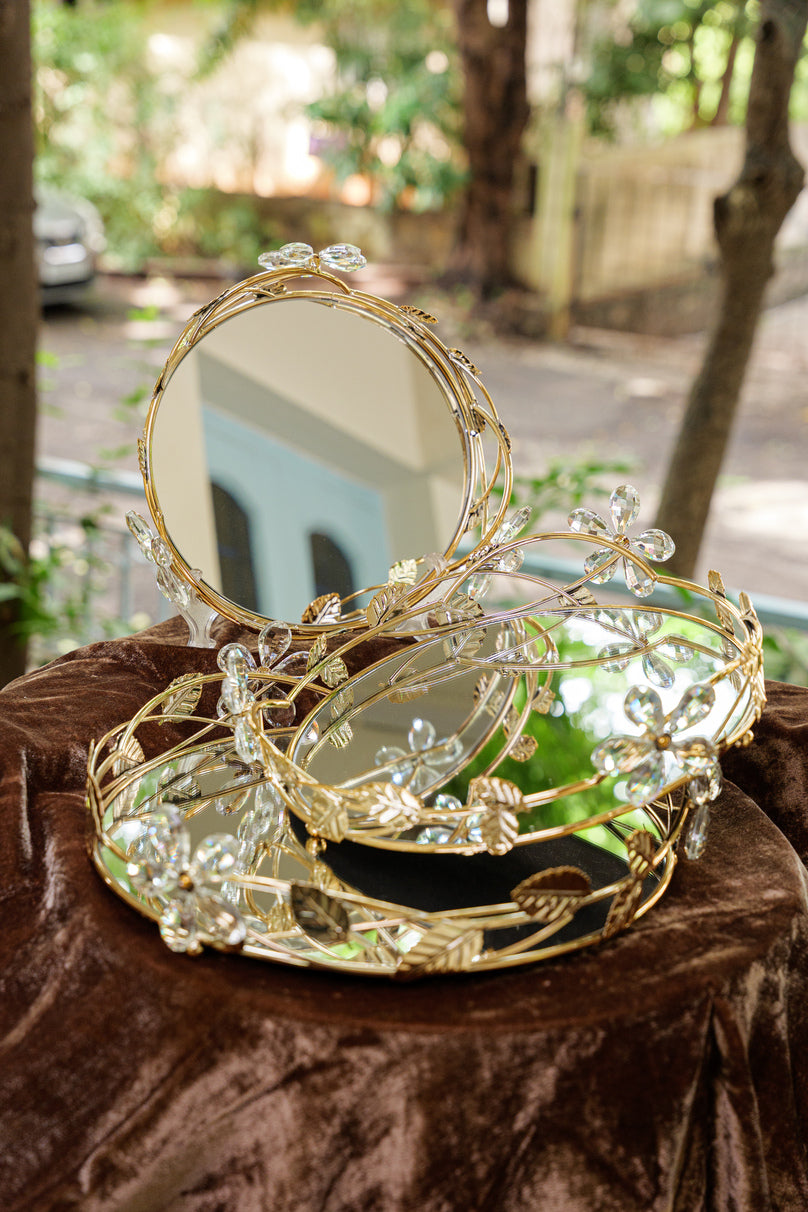 Golden Floral Crystal Round Mirror Serving Tray