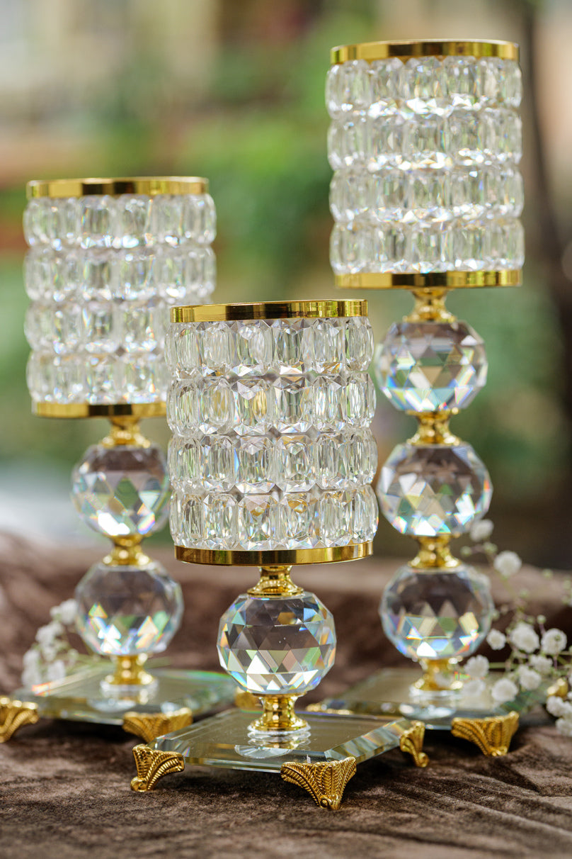 Golden luxe crystal candle holder set with pedestal design