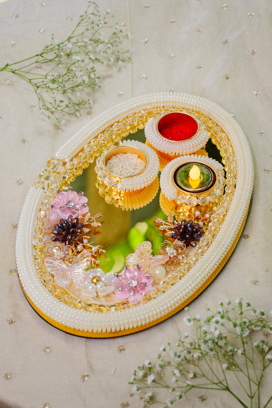 Designer oval pooja thali for Diwali and Rakhi