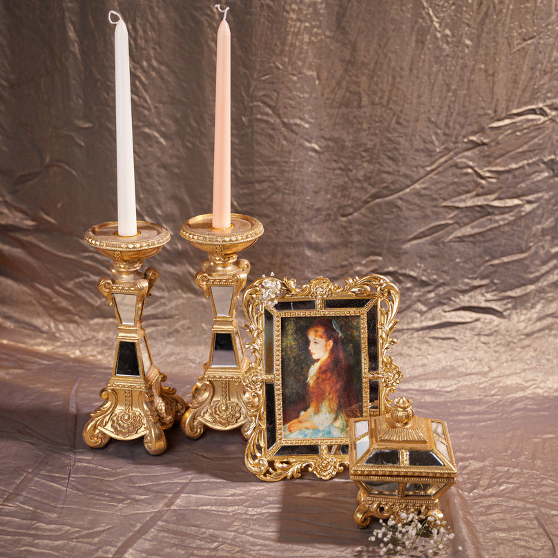
                      
                        Golden Resin Candle Stands with Mirror Accents
                      
                    