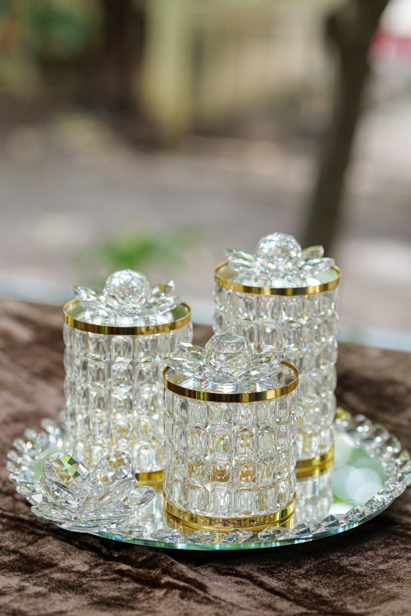 Golden rotating crystal lotus jar tray set