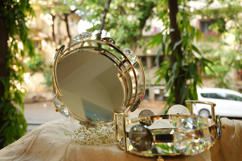 Golden Round Crystal Mirror Tray