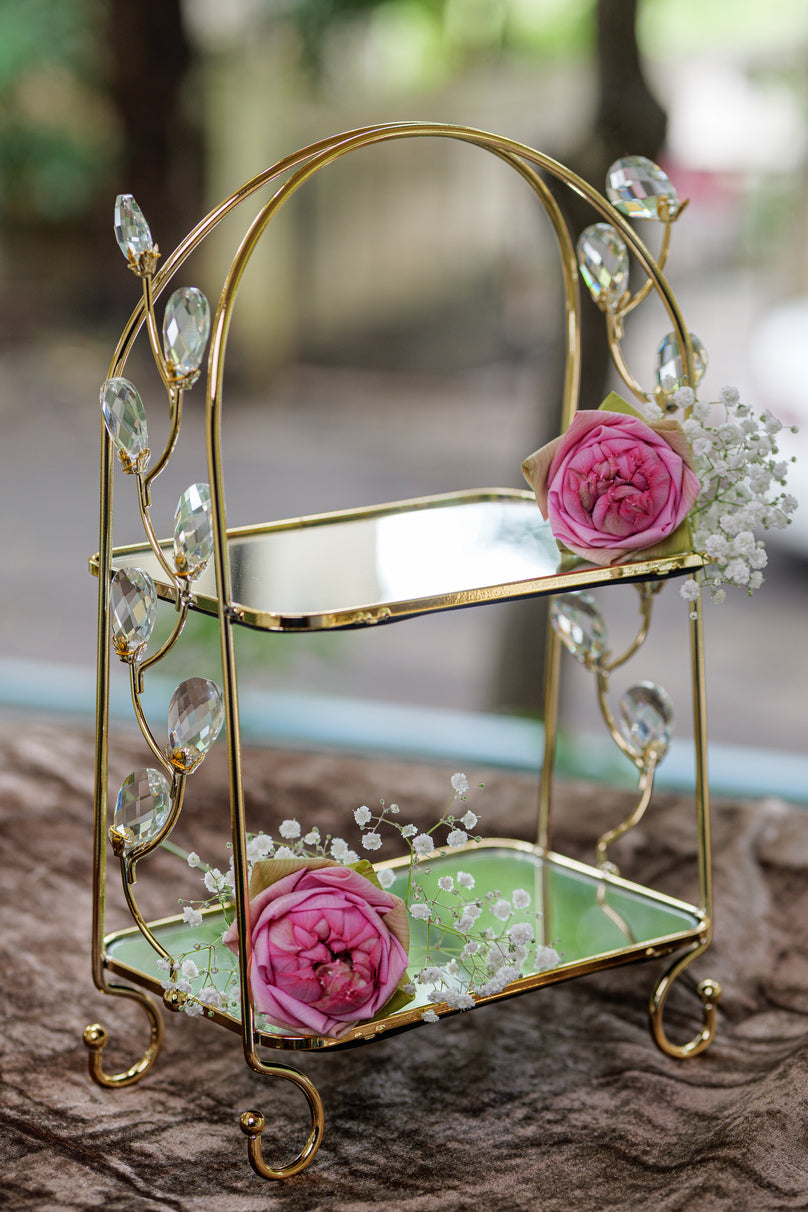 Golden Two-Tier Crystal Mirror Serving Stand