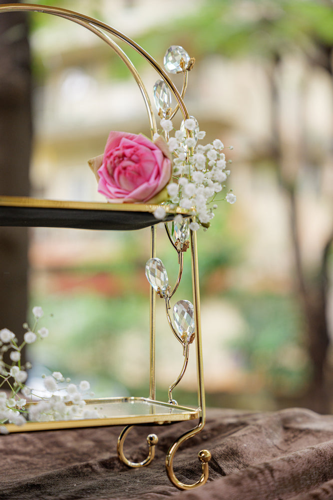 Golden Two-Tier Crystal Mirror Serving Stand