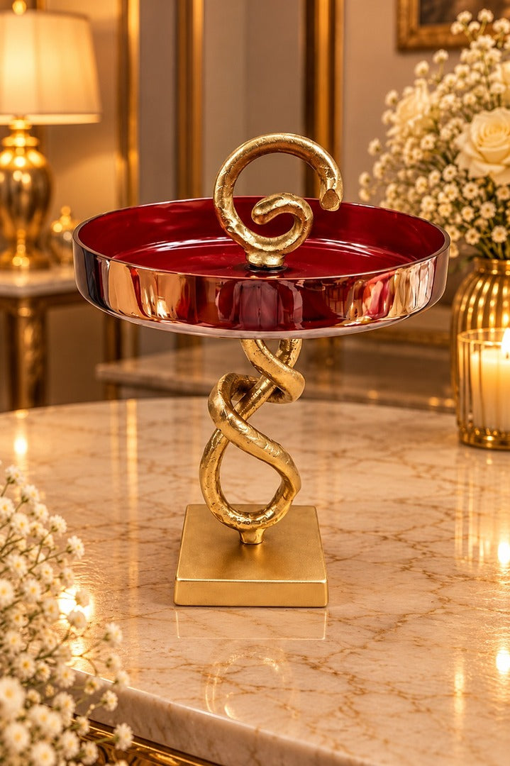 Red Glass Tray with Golden Spiral Stand | Decorative Serving & Display