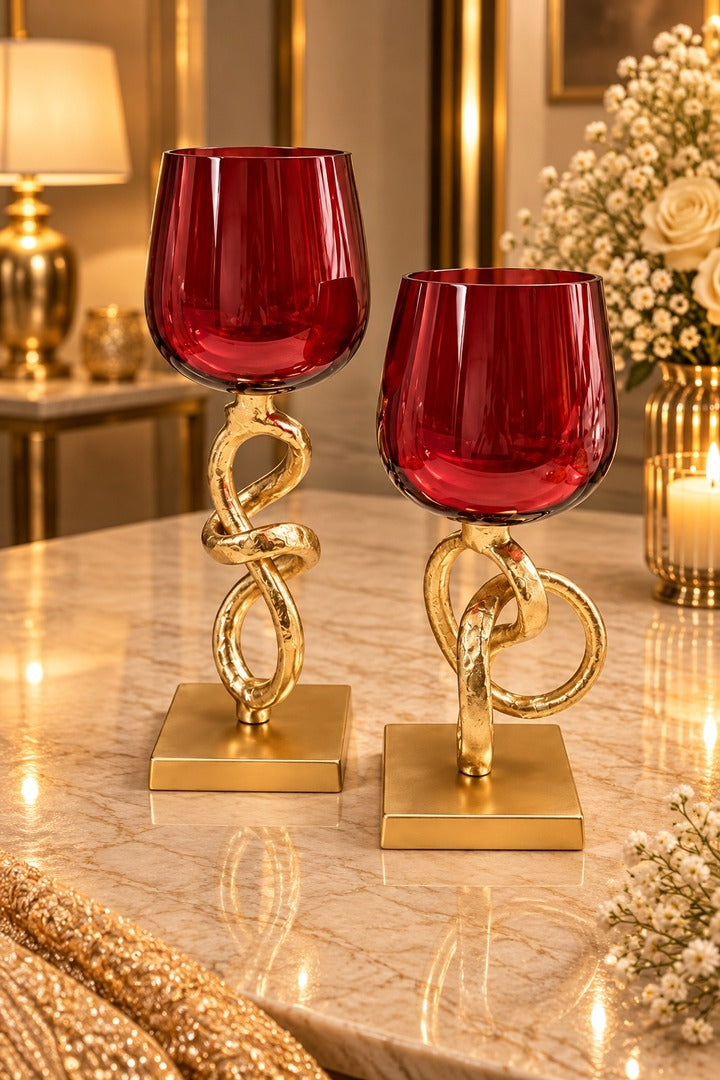 Artistic Spiral Glass Candle Holder | Golden Metal Stand
