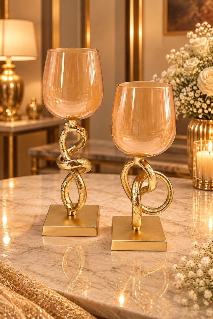 Artistic Spiral Glass Candle Holder | Golden Metal Stand