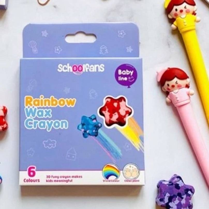 Schoolfans Rainbow Star Wax Crayons | 6 Color Baby Line Crayon Set for Kids