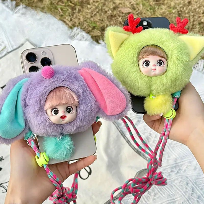 Kawaii plush phone stand with doll face