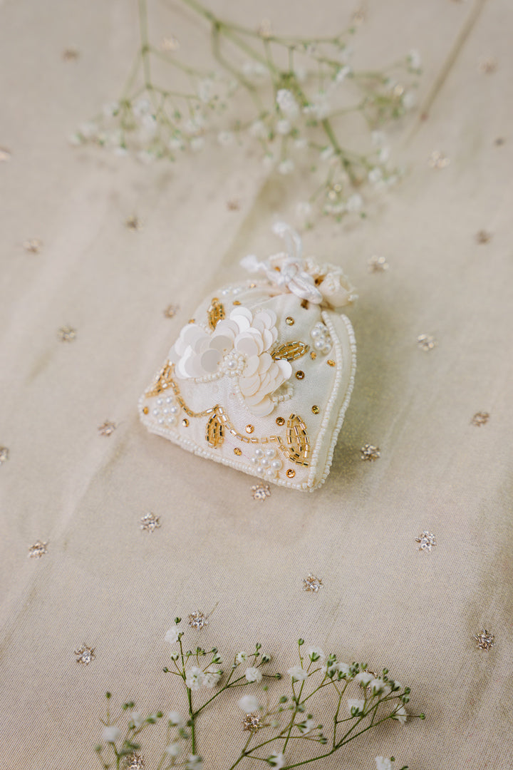 Pearl and sequin embroidered wedding return gift pouch