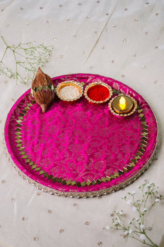 Magenta velvet pooja thali with elegant design