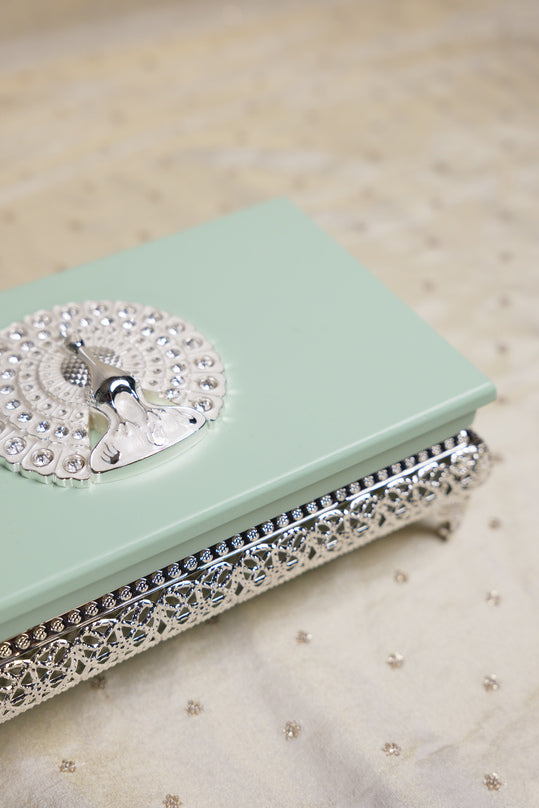 
                      
                        Peacock German Silver Rectangle Wooden Box
                      
                    
