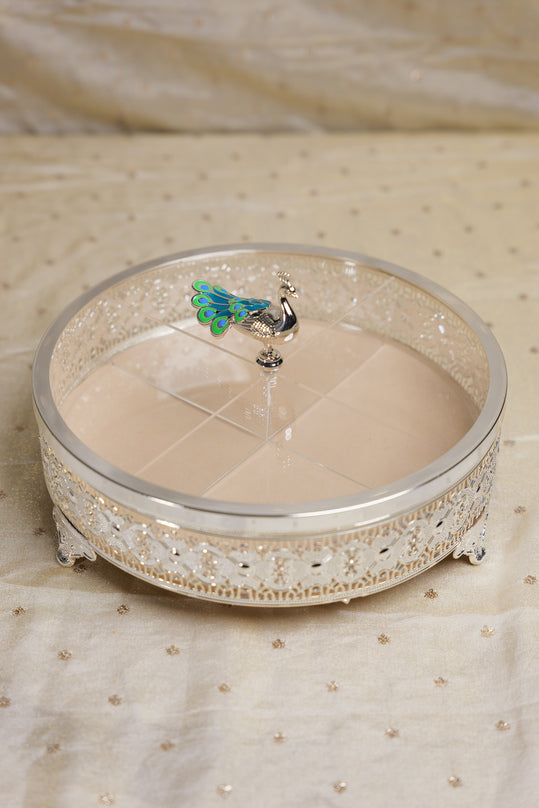Peacock German Silver Round Glass Box