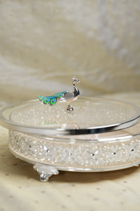 
                      
                        Peacock German Silver Round Glass Box
                      
                    