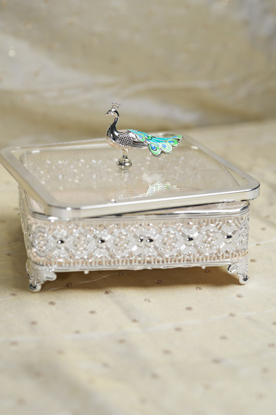 Peacock German Silver Square Glass Box