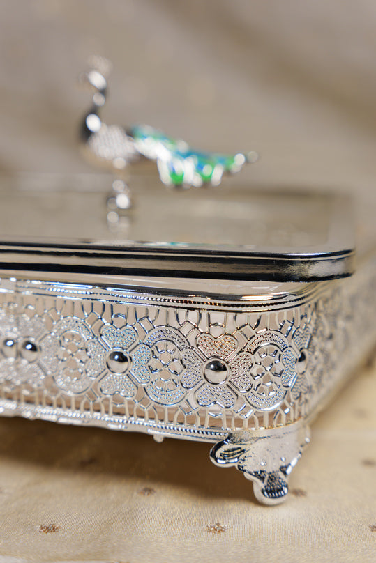 
                      
                        Peacock German Silver Square Glass Box
                      
                    