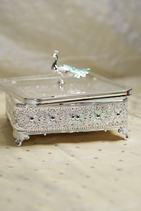 
                      
                        Peacock German Silver Square Glass Box
                      
                    