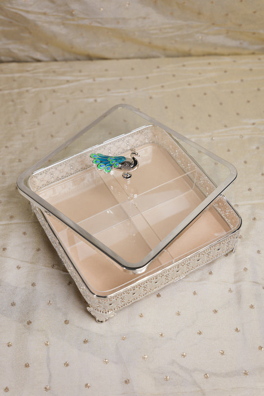 
                      
                        Peacock German Silver Square Glass Box
                      
                    