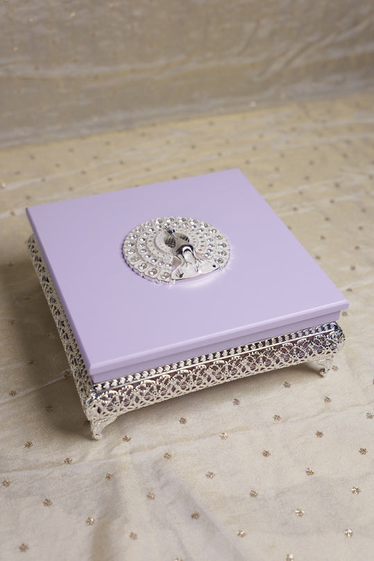 Peacock German Silver Square Wooden Box