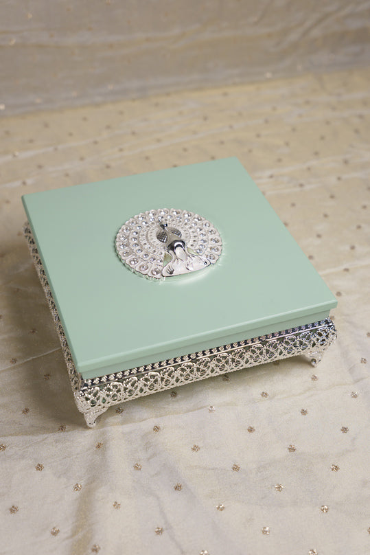 Peacock German Silver Square Wooden Box