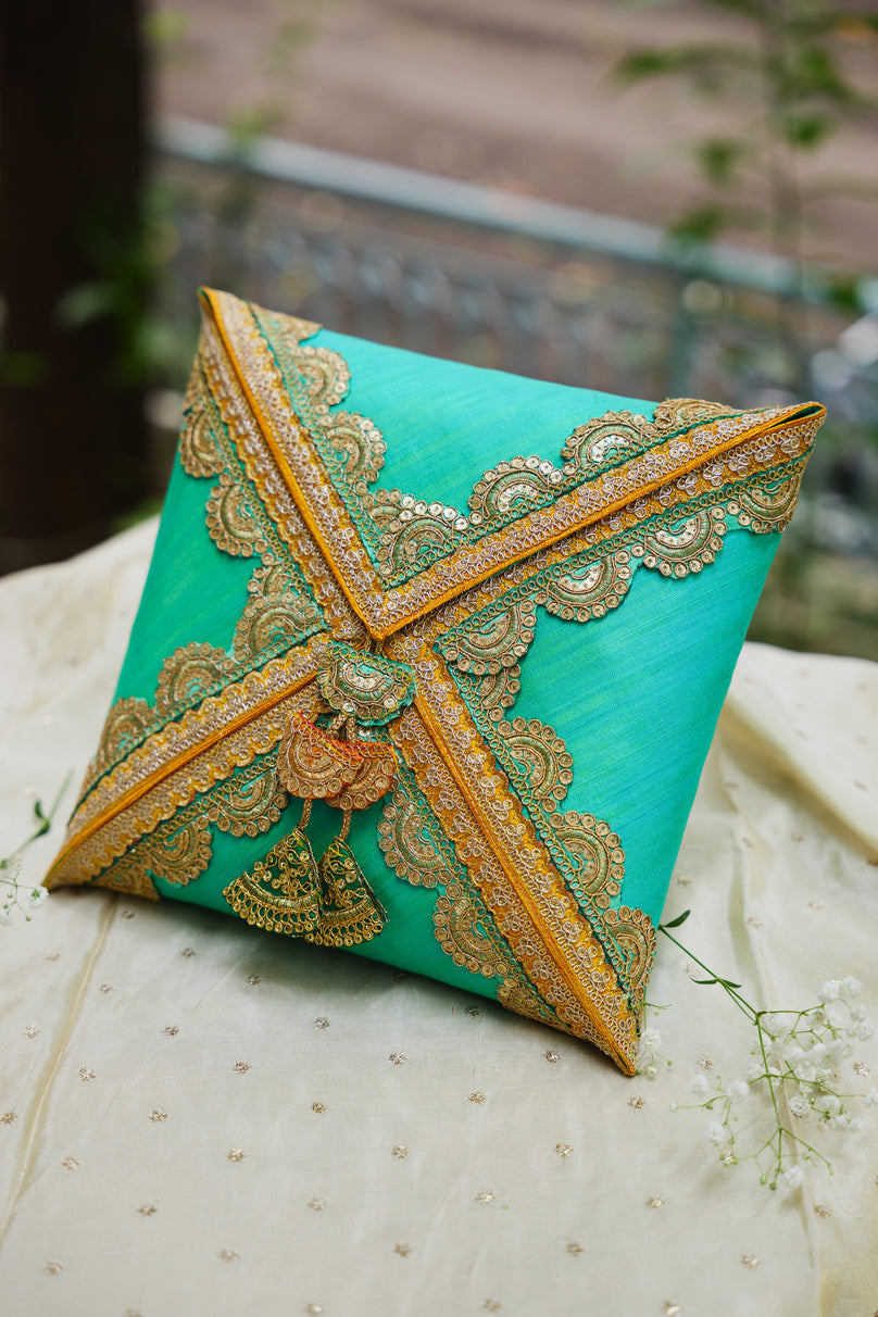Turquoise raw silk cane box for festive gifting