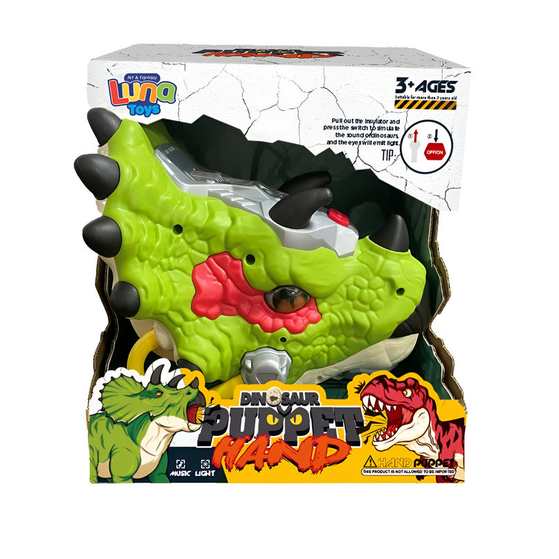 Realistic green dinosaur puppet toy