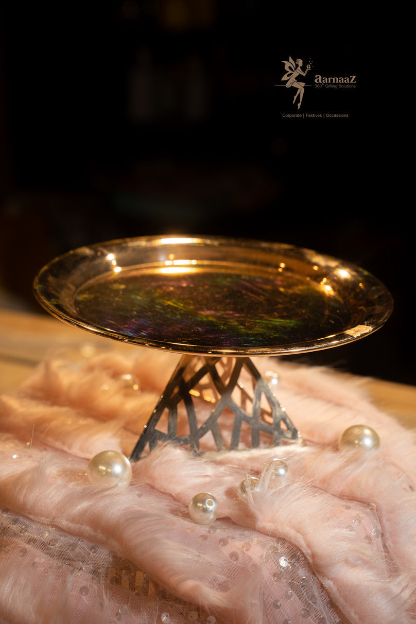 Round Gold Cake Platter with Geometric Base