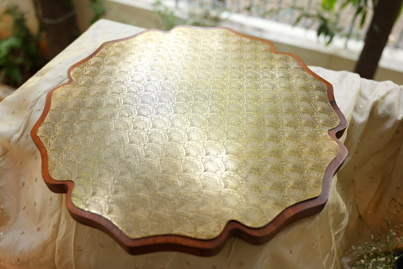 Wooden tray with gold metal plate