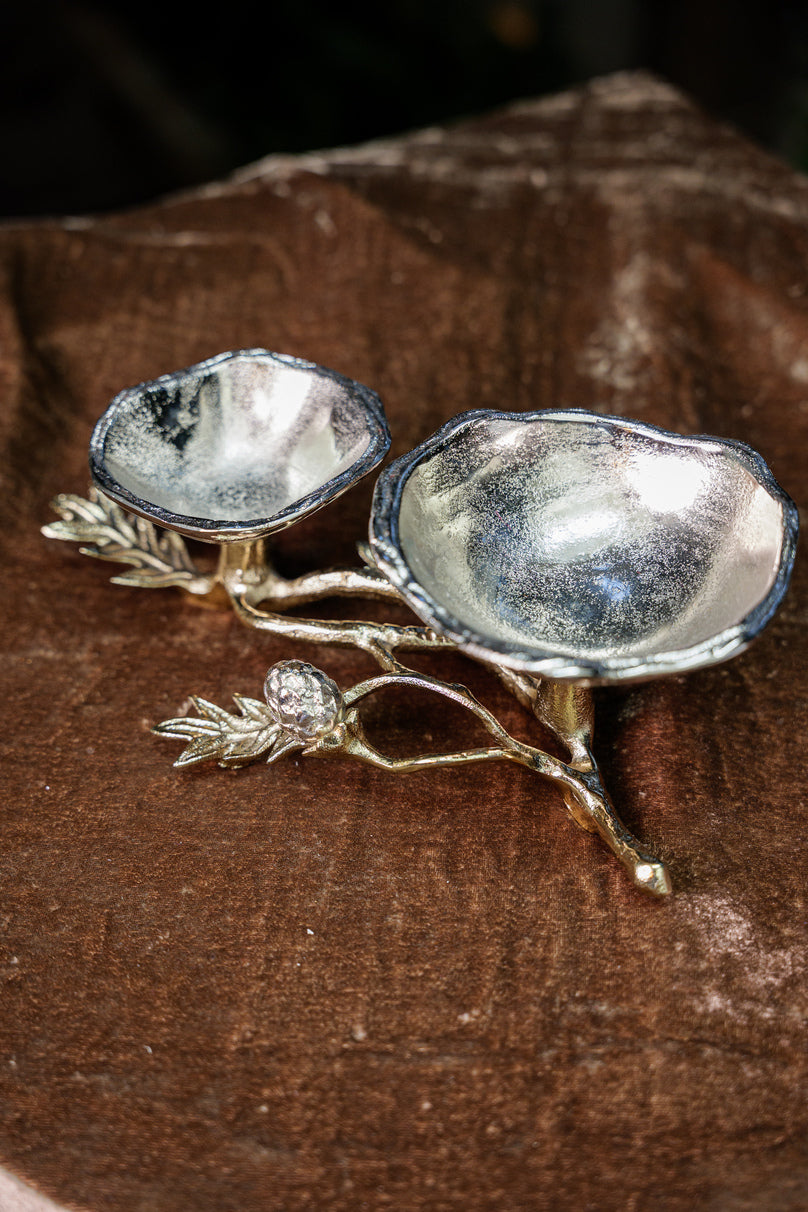 Silver 2 bowl serving dish with floral design