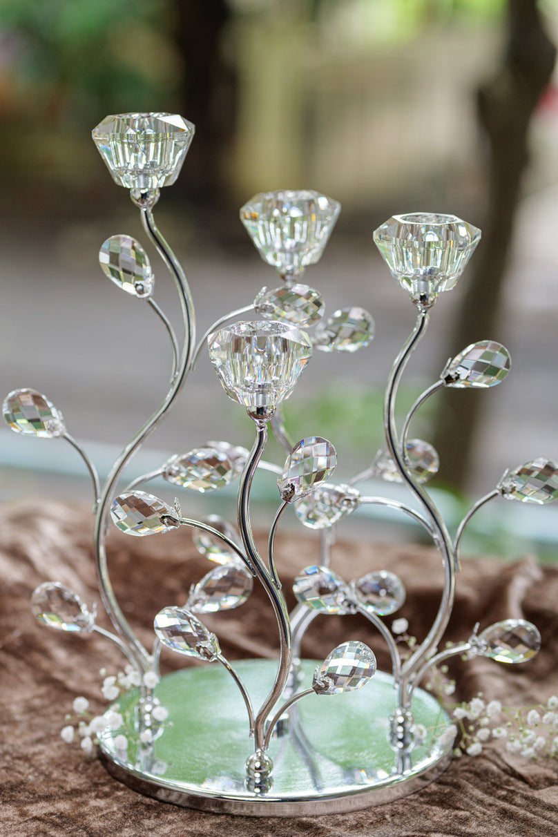 Silver crystal bloom candle holder with floral design